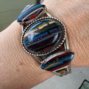 Vintage Native American Jewelry Navajo Rainbow Calsilica Sterling Silver Running